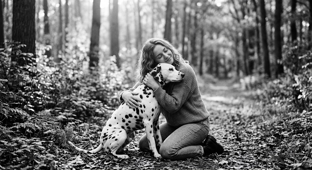 Aïcha enlaçant son dalmatien Pango en forêt